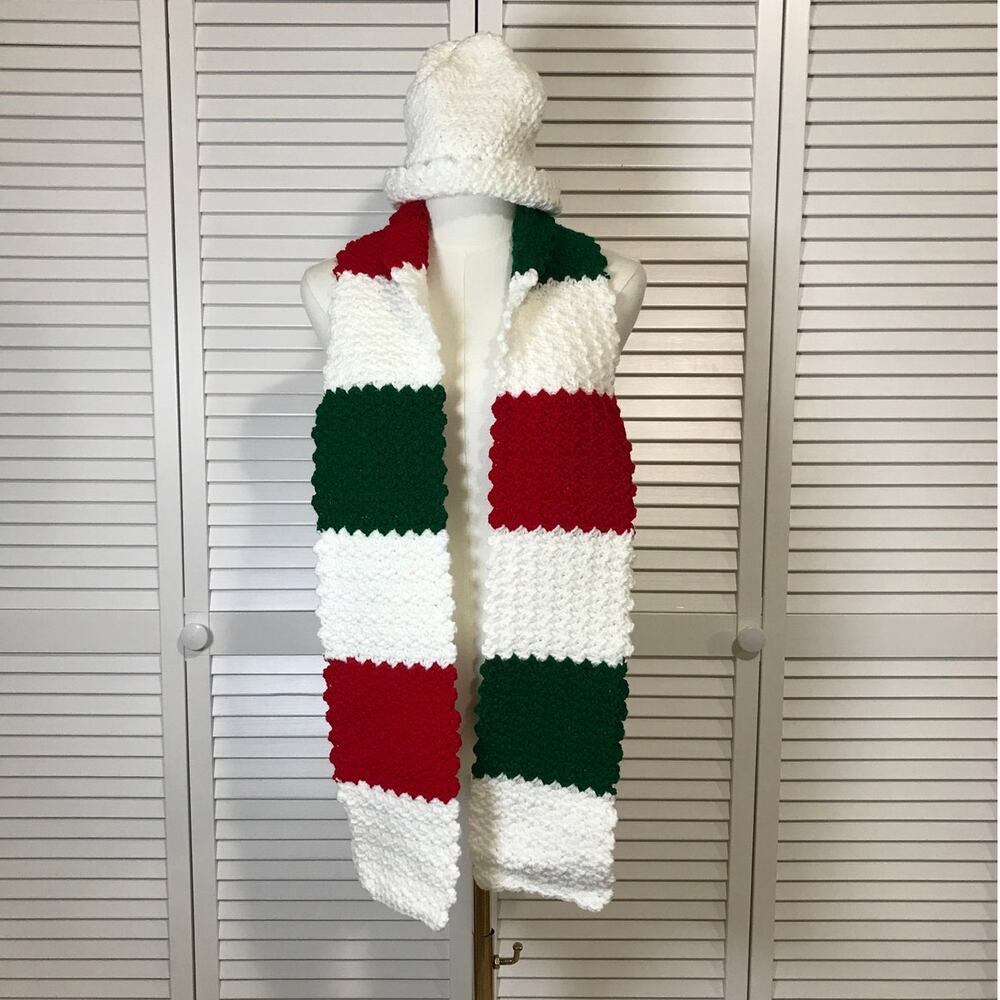 NWT Handmade Crochet Textured Winter Christmas Theme Scarf 66” & Beanie